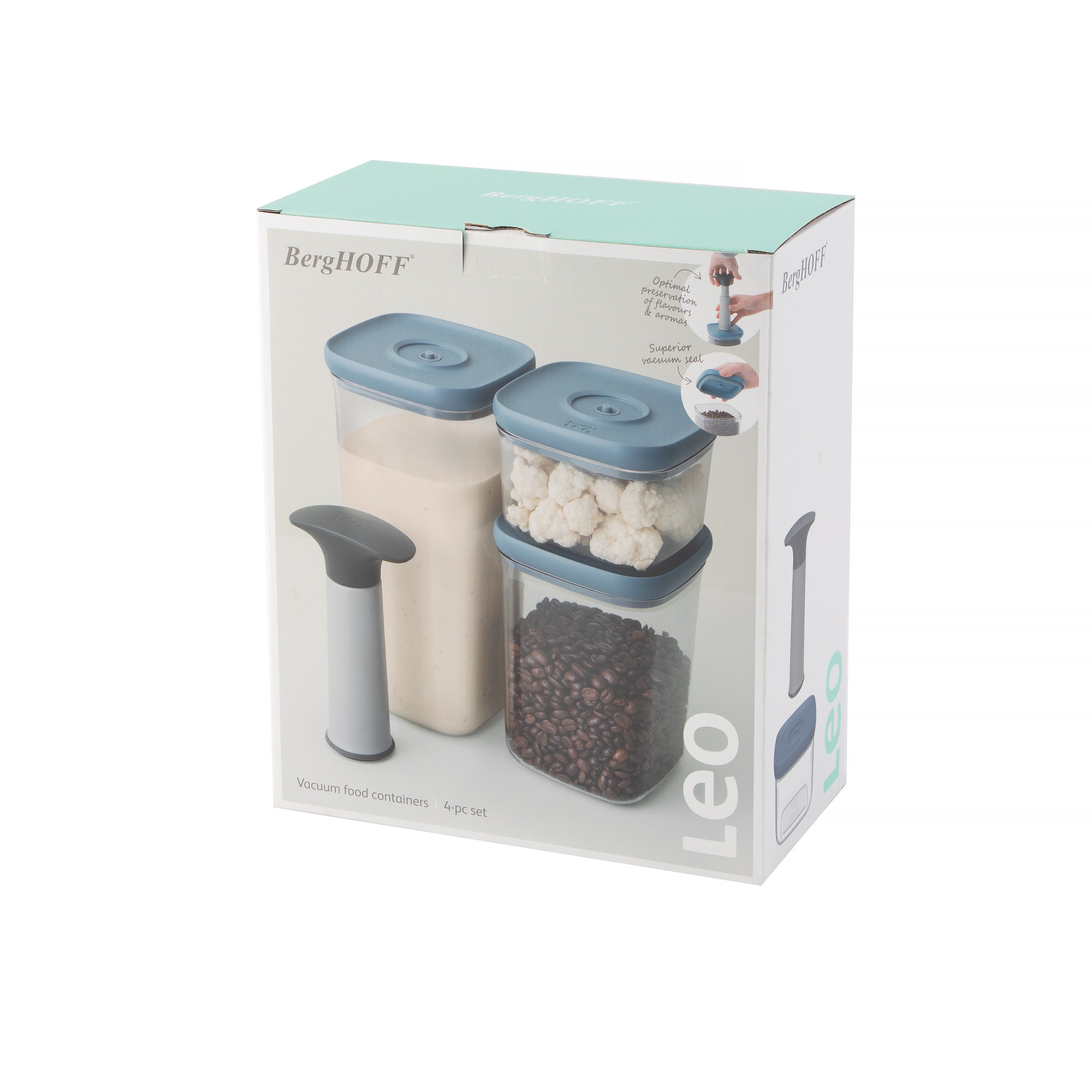BergHOFF 4-Piece Vacuum Food Container Set - Stackable Airtight Storage with Easy Pump for Freshness