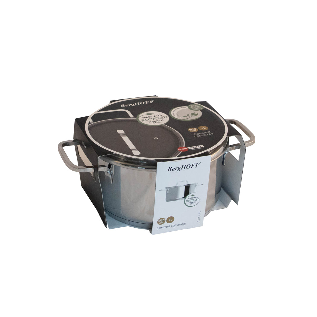 BergHOFF 20cm Covered Casserole - Helix Series Recycled Steel with Steam Vent Lid and Capacity Markings